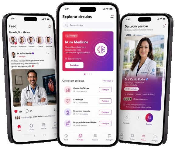 Telas do MedCircle: feed, círculos e descoberta de pessoas